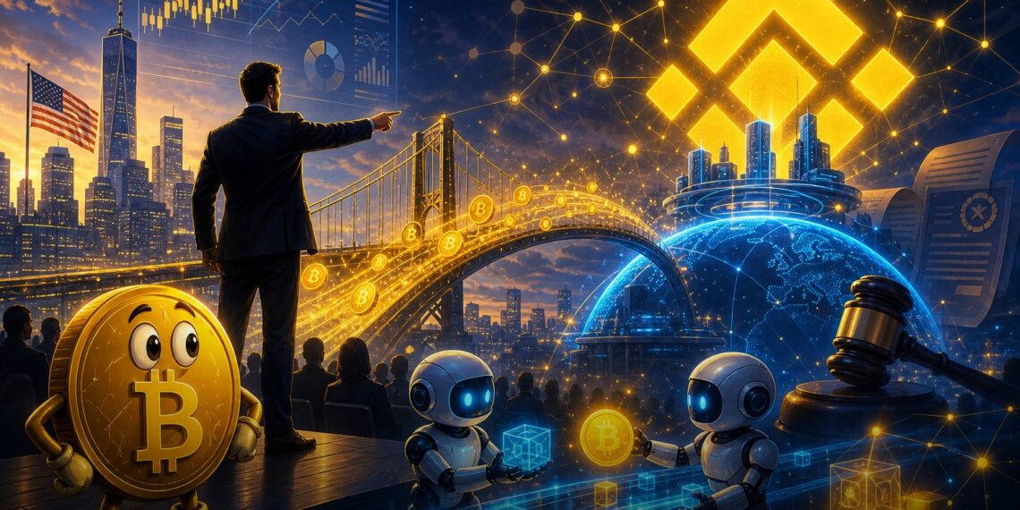 Ilustração editorial sobre CZ, Binance.US, BNB Chain e pagamentos de agentes de IA