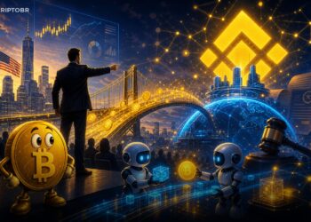 Ilustração editorial sobre CZ, Binance.US, BNB Chain e pagamentos de agentes de IA