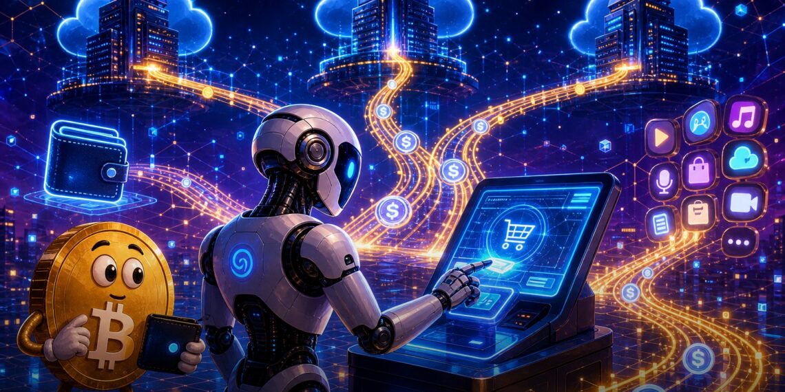 Ilustração editorial de agentes de IA usando stablecoins em infraestrutura de pagamentos da AWS, Coinbase e Stripe