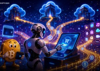 Ilustração editorial de agentes de IA usando stablecoins em infraestrutura de pagamentos da AWS, Coinbase e Stripe