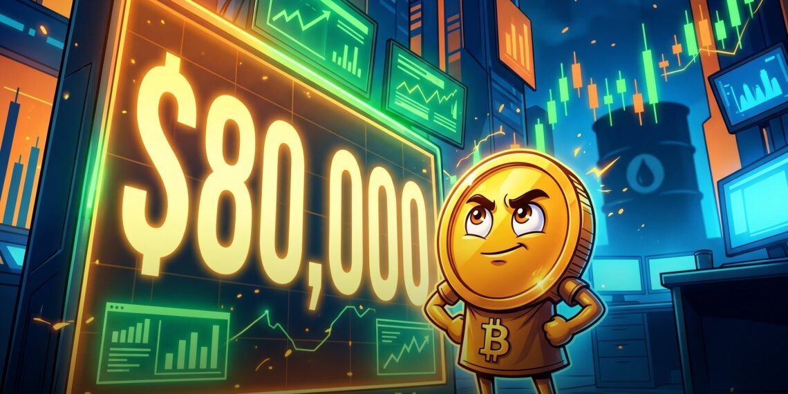 Ilustração editorial do Bitcoin mirando US$ 80 mil com apoio de big techs