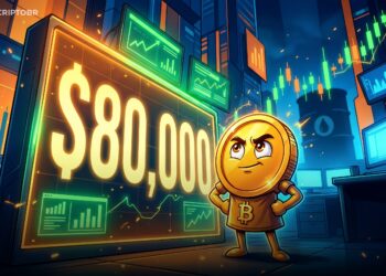 Ilustração editorial do Bitcoin mirando US$ 80 mil com apoio de big techs