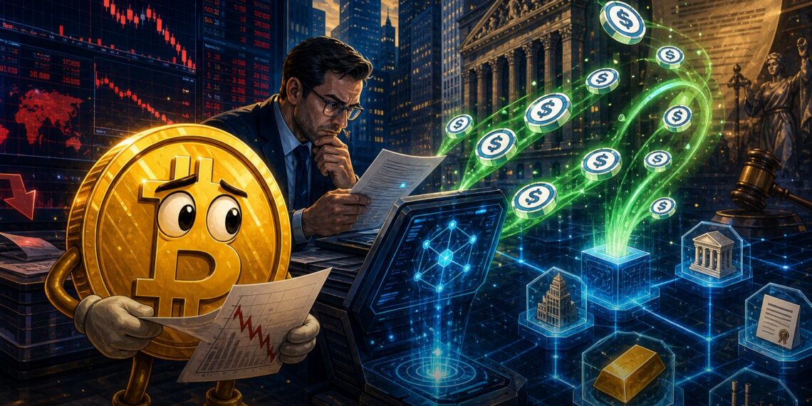 Ilustração editorial sobre Coinbase, stablecoins e Wall Street após resultado trimestral fraco