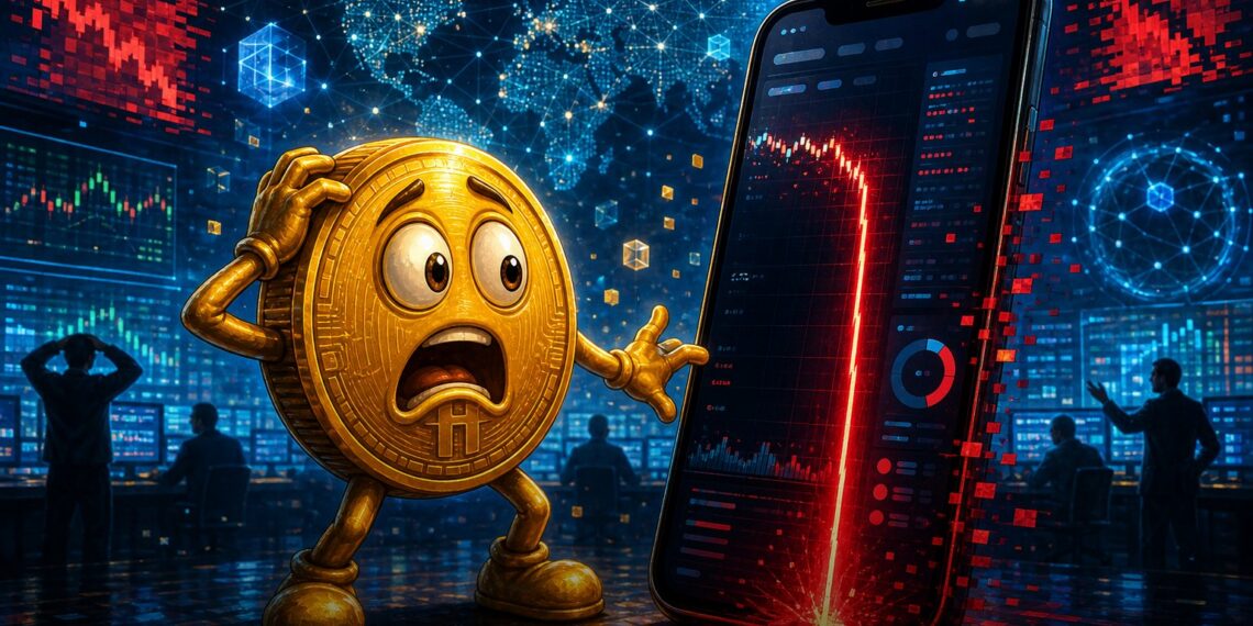Ilustração editorial mostra mascote do Bitcoin assustado diante de aplicativo com falha de preço na Revolut