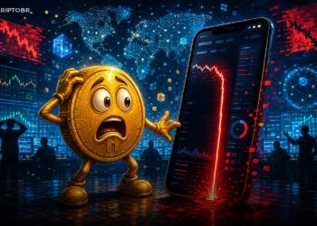 Ilustração editorial mostra mascote do Bitcoin assustado diante de aplicativo com falha de preço na Revolut