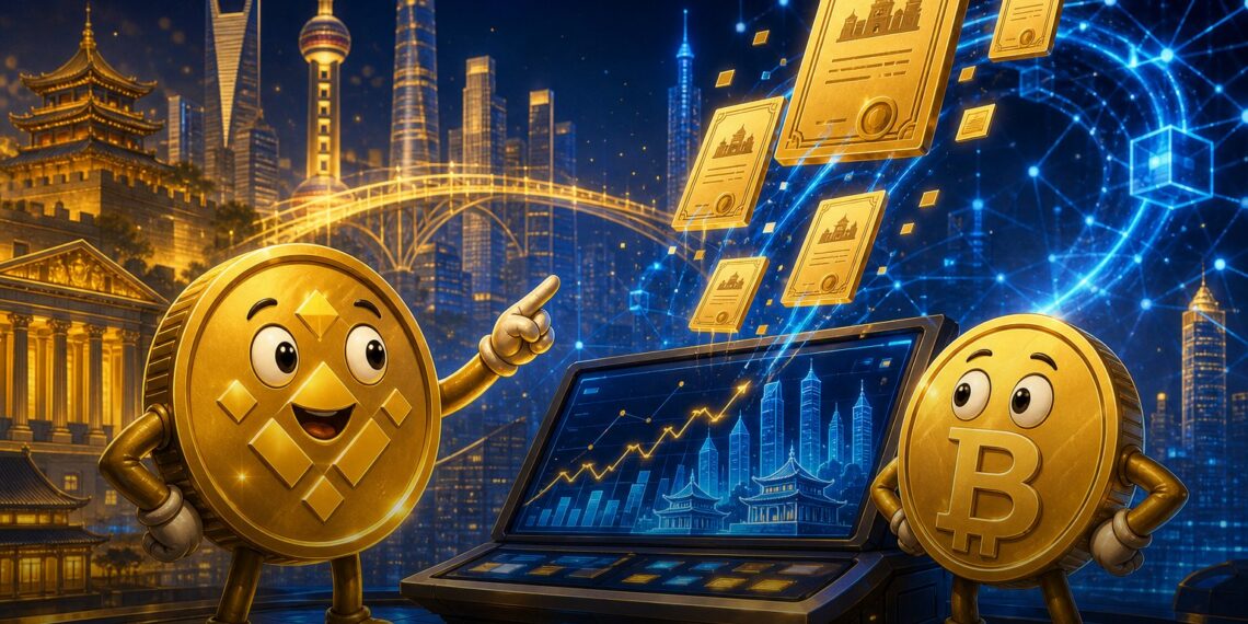 Ilustração editorial sobre ações chinesas tokenizadas crescendo na BNB Chain