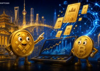 Ilustração editorial sobre ações chinesas tokenizadas crescendo na BNB Chain