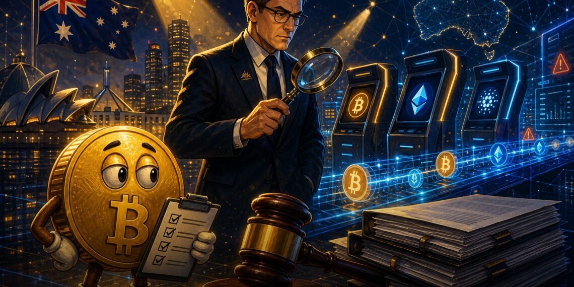 Ilustração editorial de regulador australiano fiscalizando empresas cripto, com mascote Bitcoin e documentos de compliance