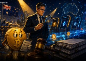 Ilustração editorial de regulador australiano fiscalizando empresas cripto, com mascote Bitcoin e documentos de compliance