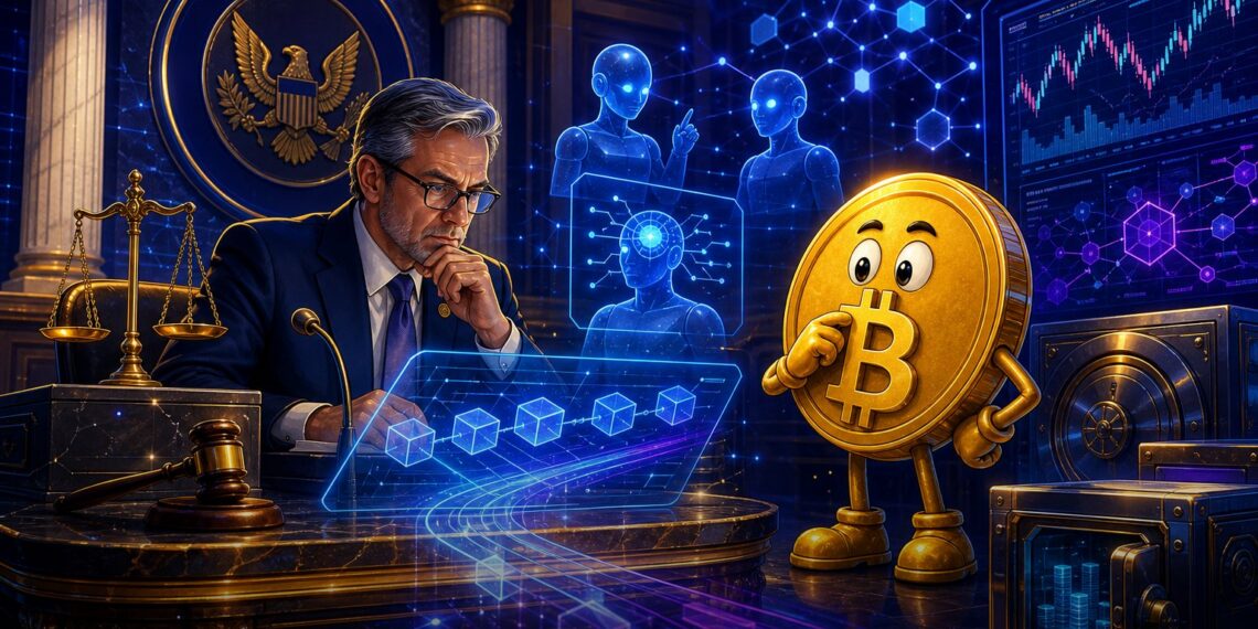 Ilustração editorial sobre SEC, mercados onchain e IA financeira