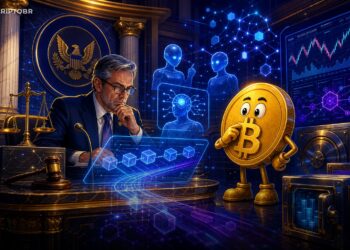 Ilustração editorial sobre SEC, mercados onchain e IA financeira