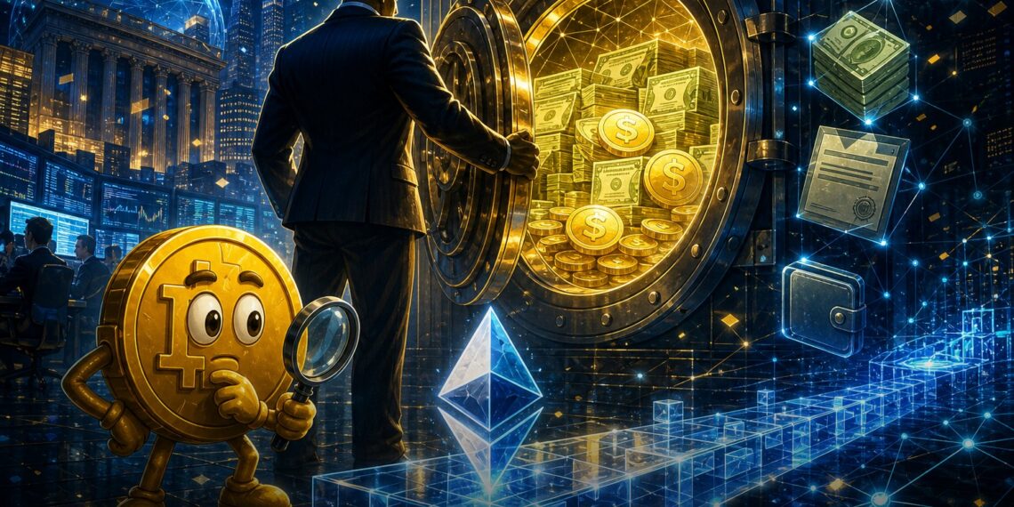 Ilustração sobre BlackRock, stablecoins e fundos tokenizados no Ethereum