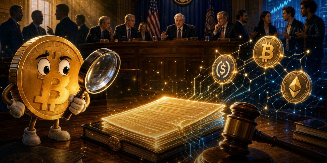 Ilustração editorial sobre Senado dos EUA analisando regras para criptoativos e stablecoins