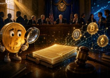 Ilustração editorial sobre Senado dos EUA analisando regras para criptoativos e stablecoins