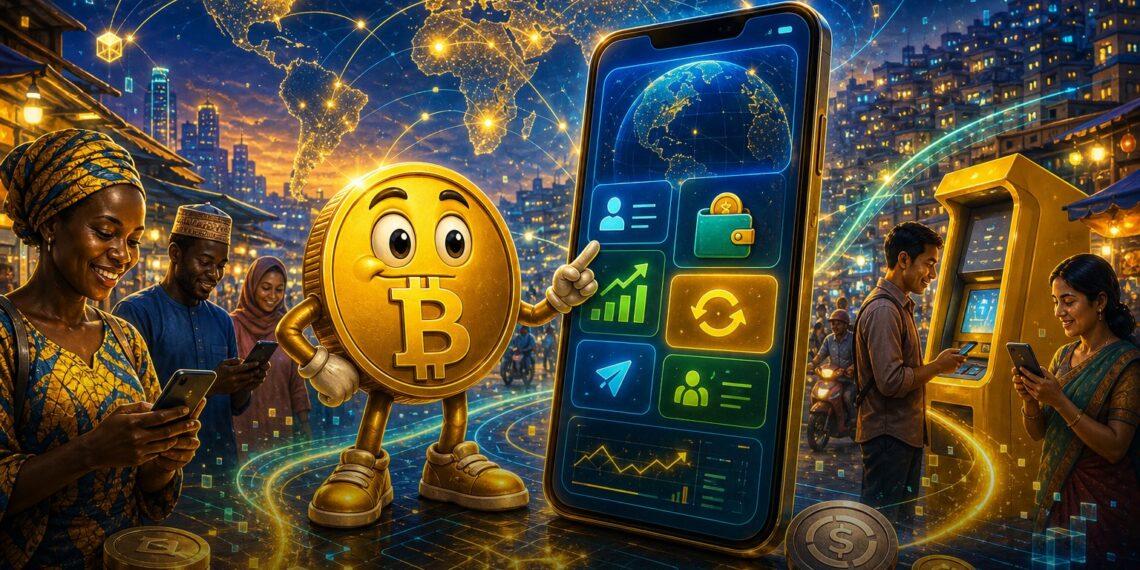 Ilustração editorial sobre usuários de mercados emergentes usando Binance, stablecoins e aplicativos cripto como serviços financeiros digitais