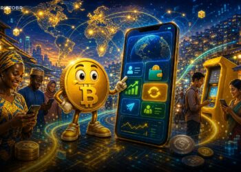 Ilustração editorial sobre usuários de mercados emergentes usando Binance, stablecoins e aplicativos cripto como serviços financeiros digitais