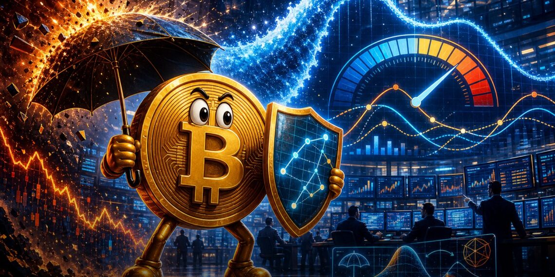 Ilustração editorial do Bitcoin em mesa institucional de derivativos e volatilidade