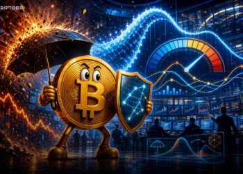 Ilustração editorial do Bitcoin em mesa institucional de derivativos e volatilidade