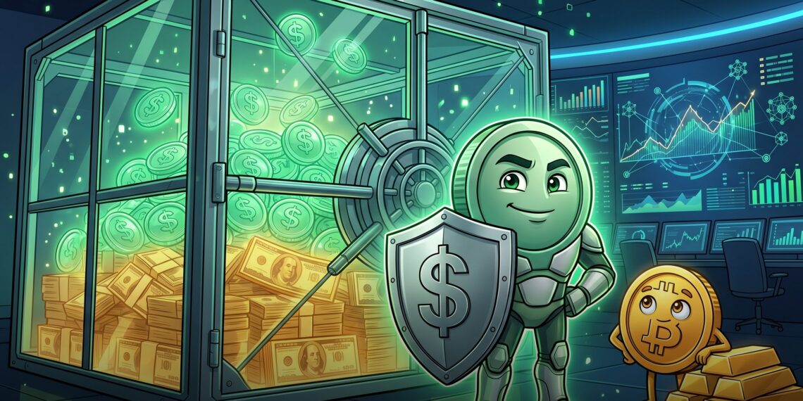 Ilustração sobre reservas da Tether, USDT, Treasuries, ouro e Bitcoin