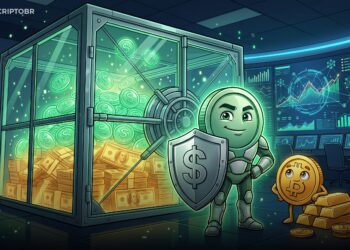 Ilustração sobre reservas da Tether, USDT, Treasuries, ouro e Bitcoin