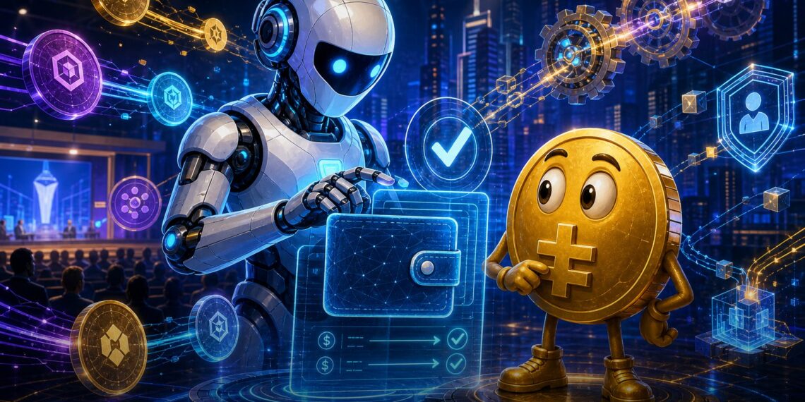 Ilustração de carteira cripto e agente de IA operando pagamentos on-chain