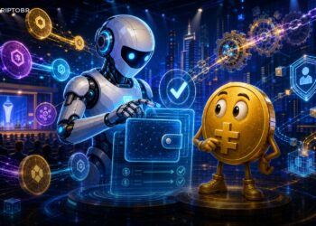 Ilustração de carteira cripto e agente de IA operando pagamentos on-chain