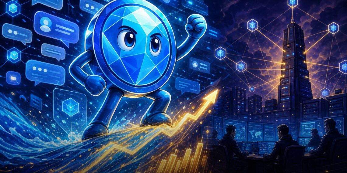Ilustração editorial do Toncoin subindo com interface de mensagens e rede blockchain ao fundo