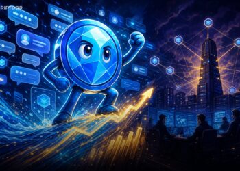 Ilustração editorial do Toncoin subindo com interface de mensagens e rede blockchain ao fundo