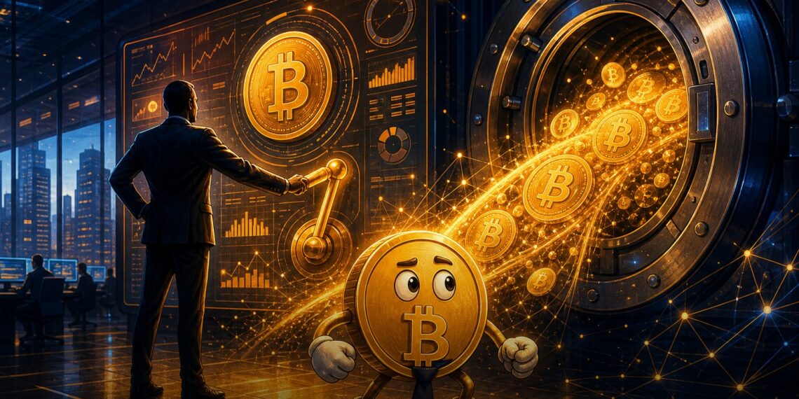 Ilustração editorial de Bitcoin e Strategy retomando compras corporativas de BTC