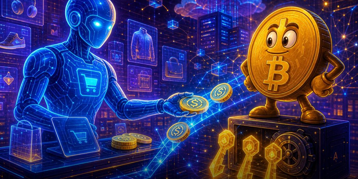 Ilustração editorial de agente de IA usando trilhos cripto para pagamentos com stablecoins