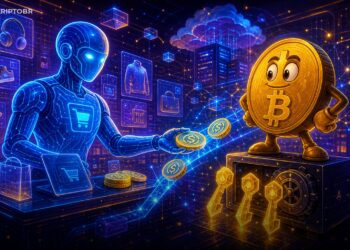 Ilustração editorial de agente de IA usando trilhos cripto para pagamentos com stablecoins