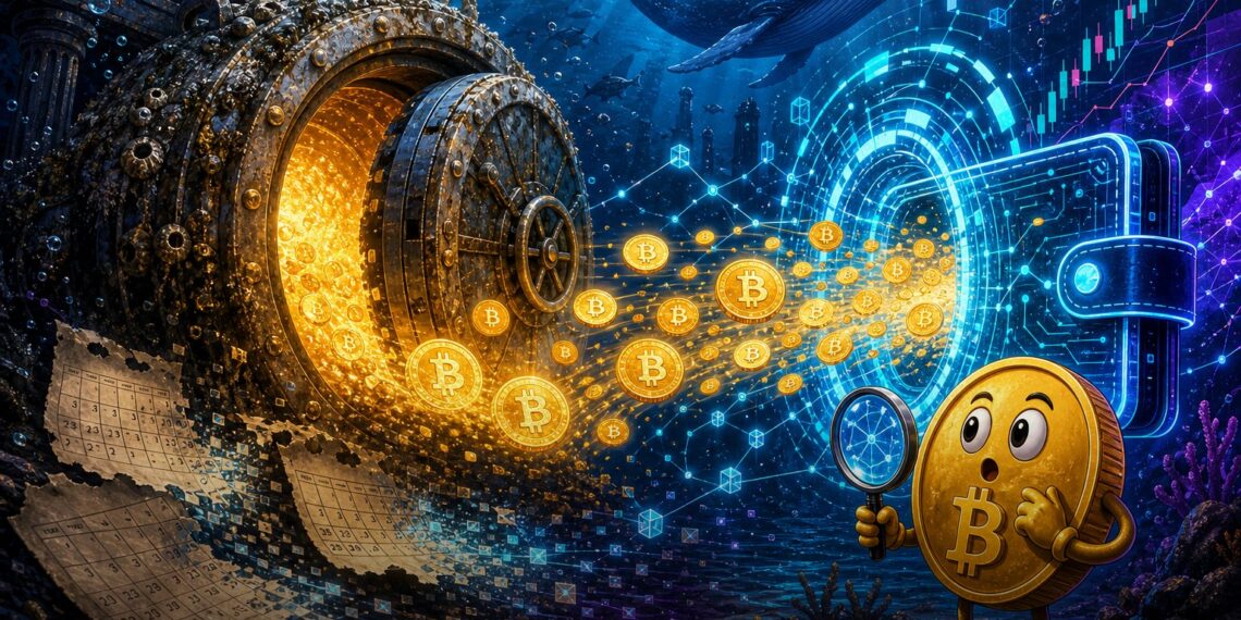 Ilustração editorial de uma baleia antiga de Bitcoin despertando e movimentando moedas após anos de dormência