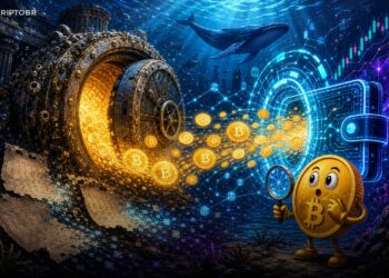 Ilustração editorial de uma baleia antiga de Bitcoin despertando e movimentando moedas após anos de dormência