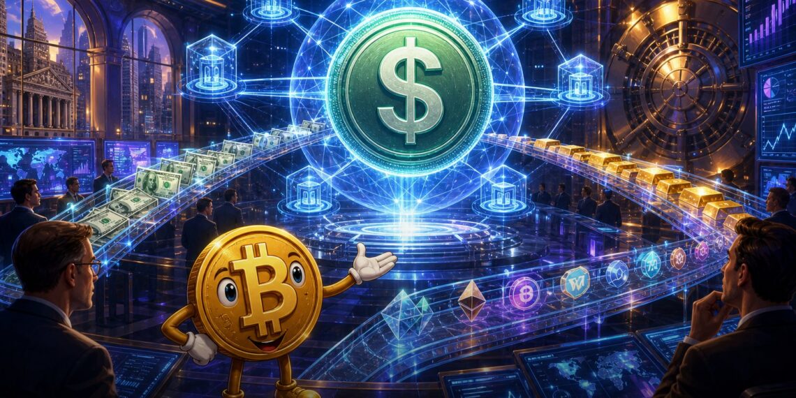Ilustração editorial sobre Circle, USDC e rede Arc para finanças institucionais on-chain