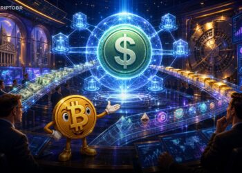 Ilustração editorial sobre Circle, USDC e rede Arc para finanças institucionais on-chain
