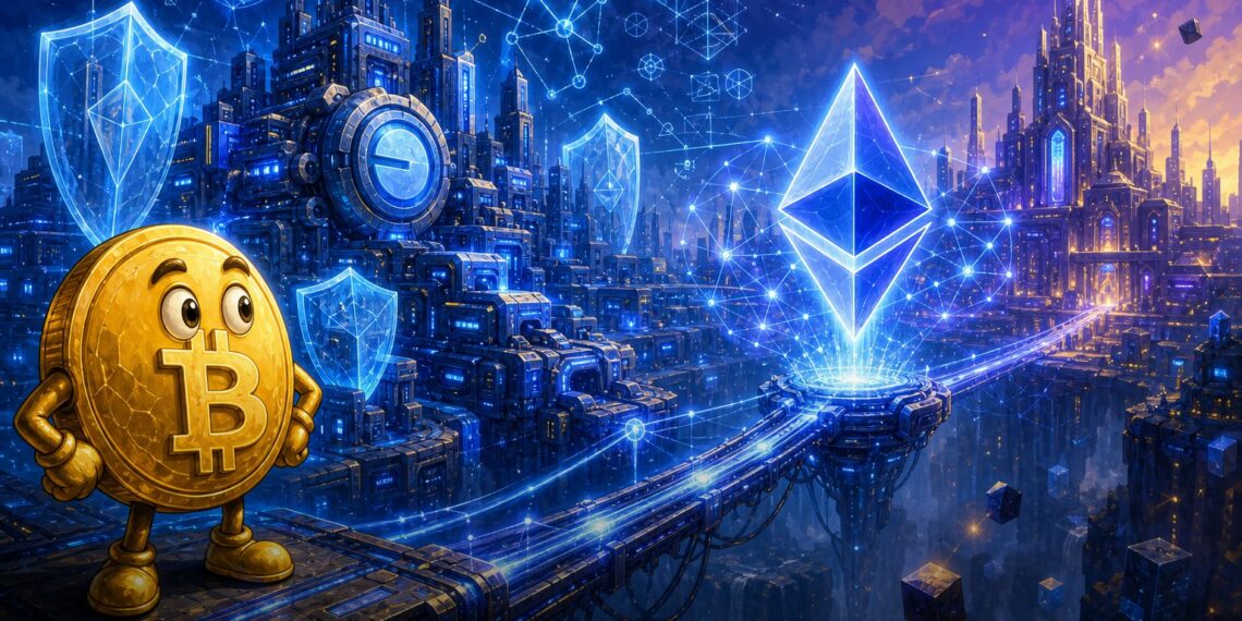 Ilustração da Base preparando o upgrade Azul em uma rede layer 2 conectada ao Ethereum