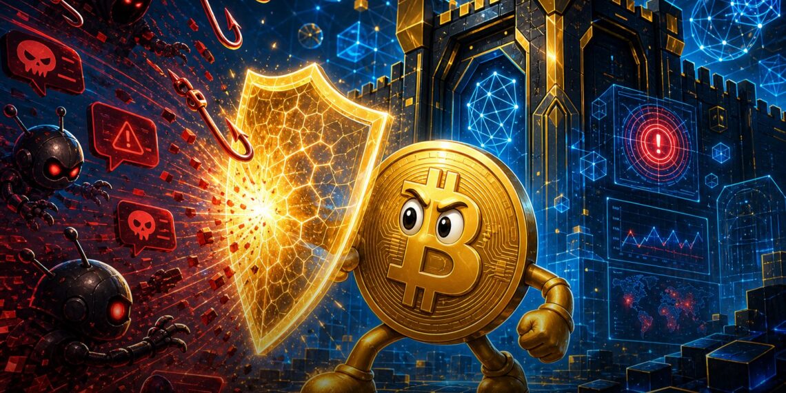 Ilustração de IA protegendo usuários contra golpes e phishing cripto