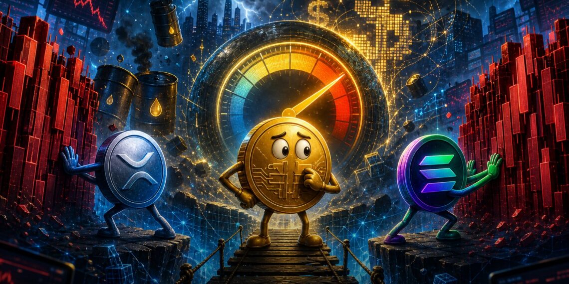 Bitcoin cauteloso diante de inflação, com XRP e Solana em zonas de resistência