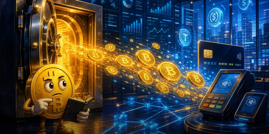 Ilustração editorial sobre a Exodus vendendo Bitcoin para investir em infraestrutura de pagamentos cripto