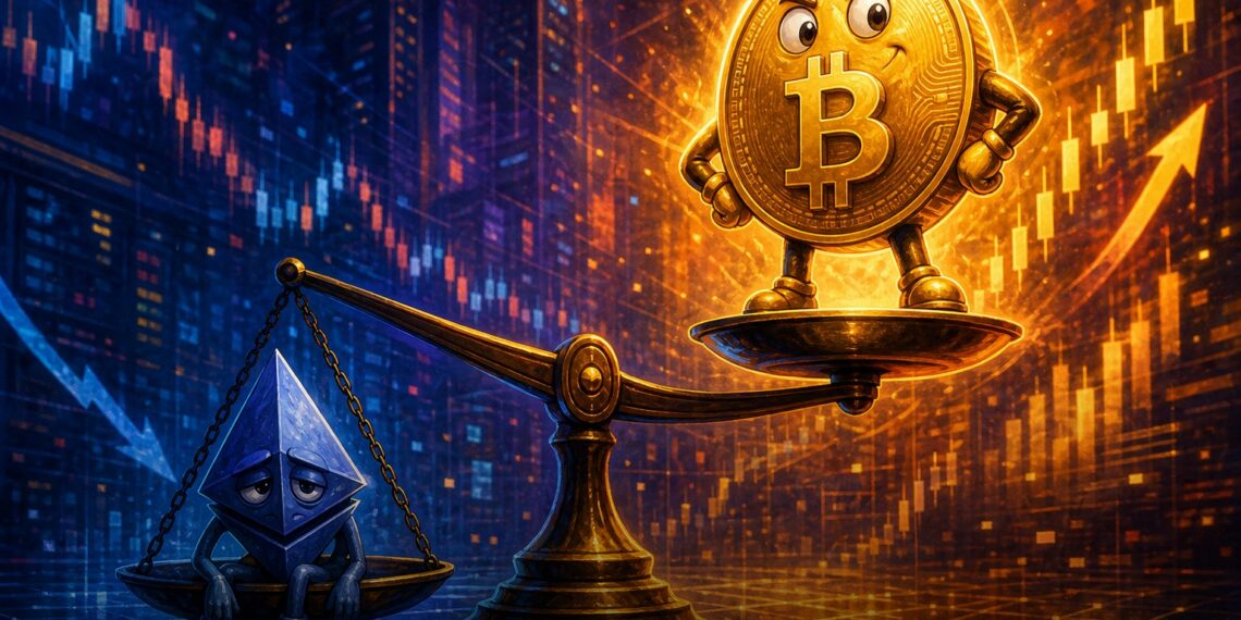 Ilustração editorial de Bitcoin mais forte que Ethereum na relação ETH/BTC