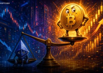 Ilustração editorial de Bitcoin mais forte que Ethereum na relação ETH/BTC