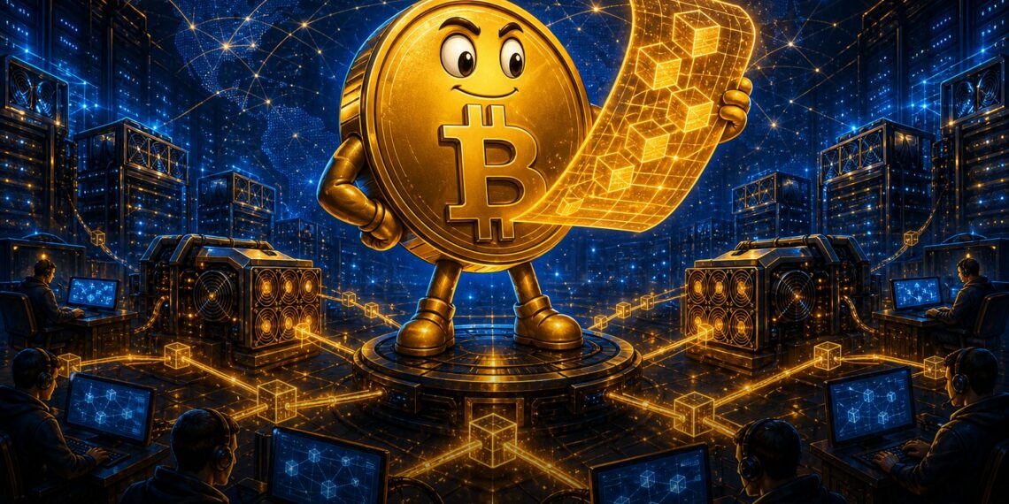 Mascote do Bitcoin em sala de mineração representando Stratum V2 e descentralização do hashrate