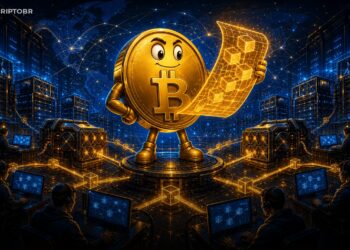 Mascote do Bitcoin em sala de mineração representando Stratum V2 e descentralização do hashrate