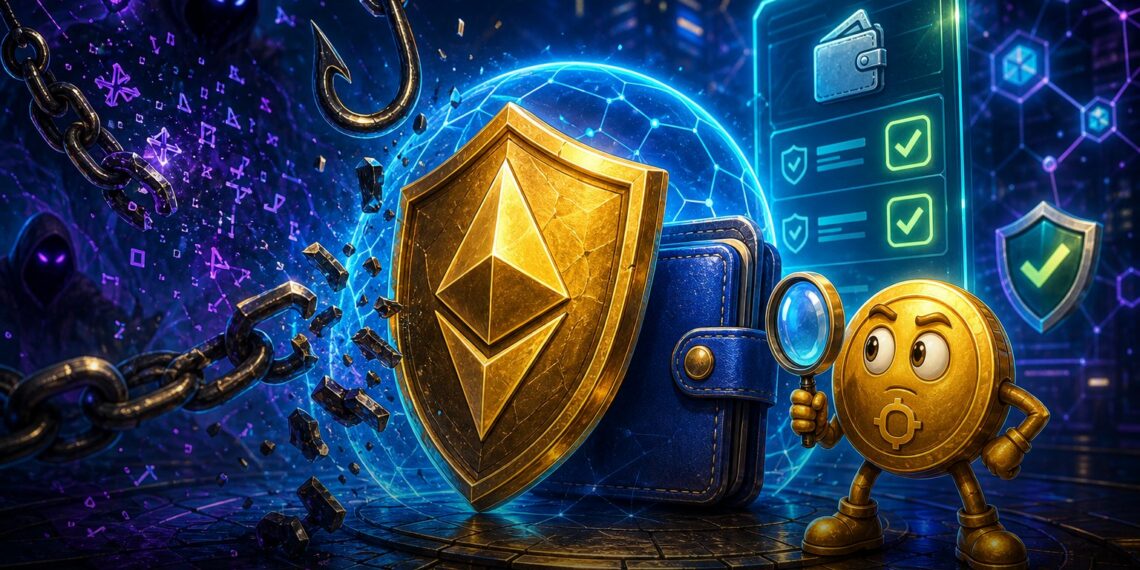 Ilustração editorial sobre Clear Signing no Ethereum protegendo carteiras contra assinaturas cegas