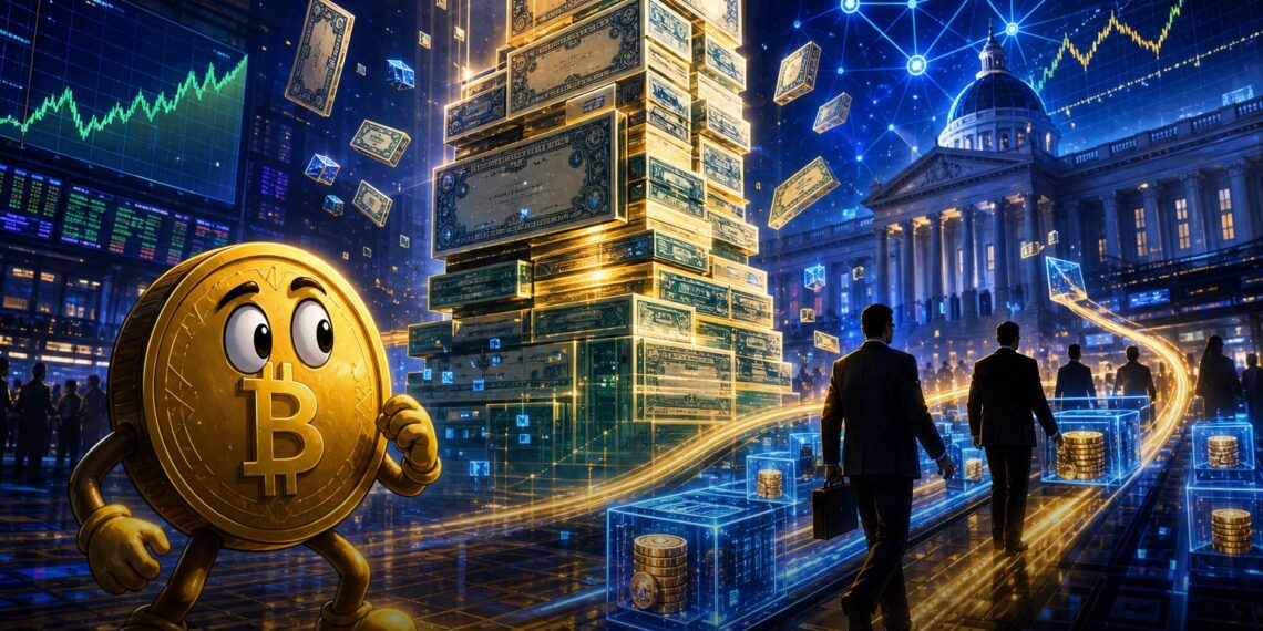 Ilustração editorial de Treasuries tokenizados e Bitcoin em cenário institucional on-chain
