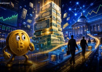 Ilustração editorial de Treasuries tokenizados e Bitcoin em cenário institucional on-chain