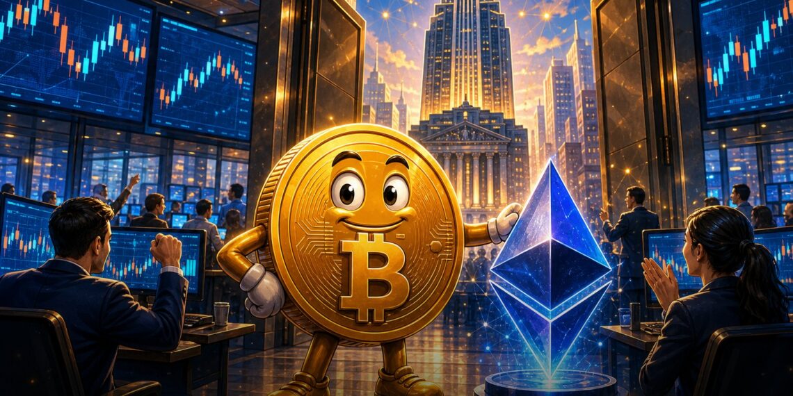 Ilustração editorial sobre a Charles Schwab liberando trading spot de Bitcoin e Ether para investidores de varejo nos EUA