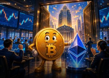 Ilustração editorial sobre a Charles Schwab liberando trading spot de Bitcoin e Ether para investidores de varejo nos EUA