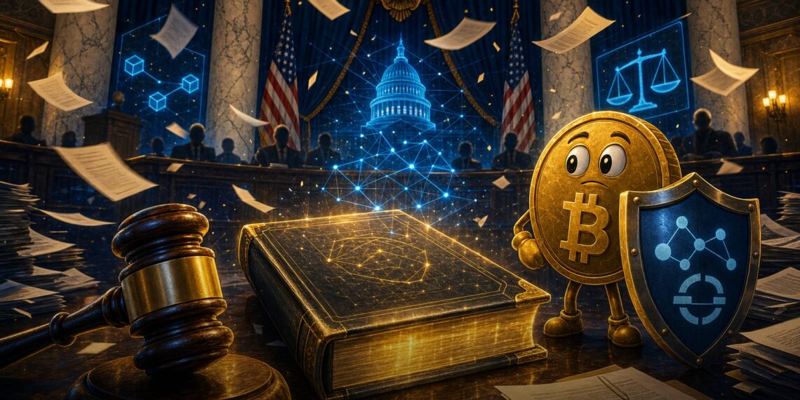Ilustração editorial sobre o Clarity Act no Senado dos EUA, com Bitcoin, DeFi e stablecoins em debate regulatório