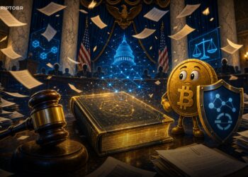 Ilustração editorial sobre o Clarity Act no Senado dos EUA, com Bitcoin, DeFi e stablecoins em debate regulatório
